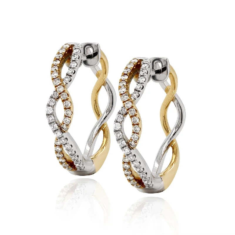 women's earrings with opal stones -TWO-TONE GOLD TWISTED HOOP EARRINGS WITH 76 DIAMONDS, .47 CT TW