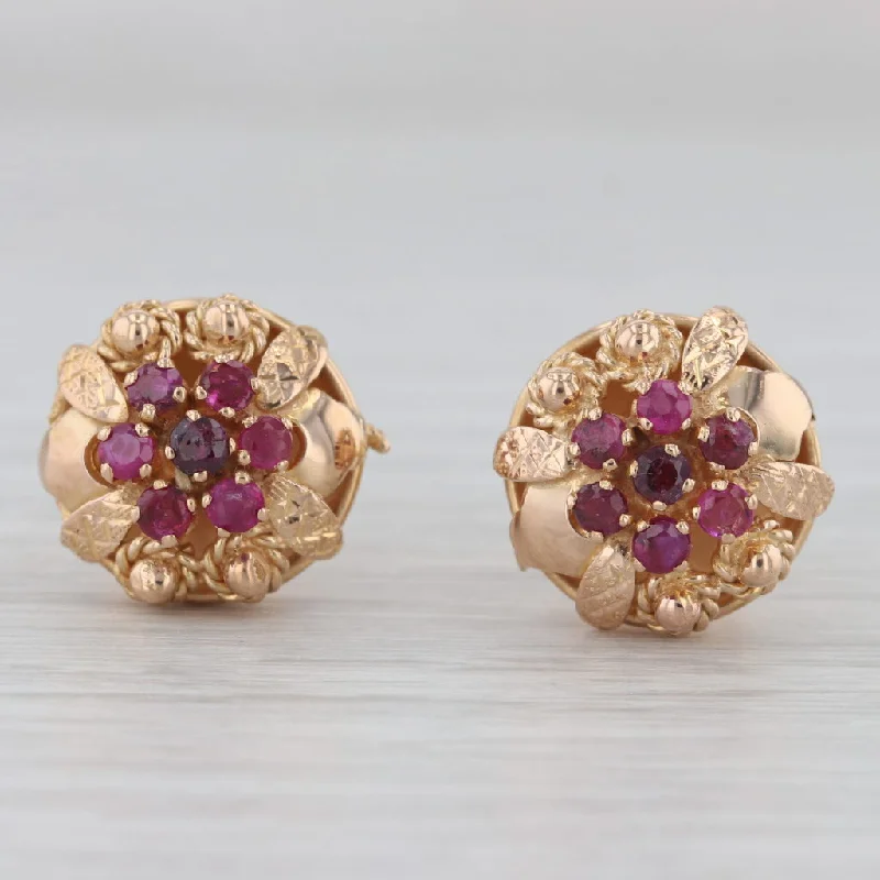 women's earrings with glittering diamonds -Vintage 1.75ctw Ruby Cluster Flower Stud Earrings 18k Rose Gold