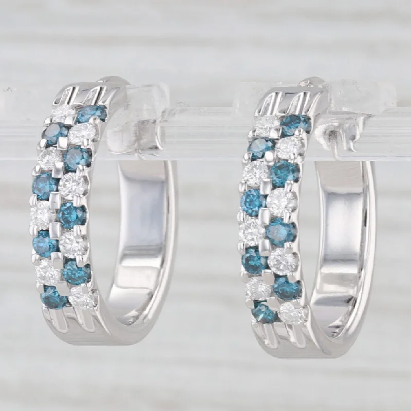 women's earrings diamond -0.96ctw Blue White Diamond Hoop Earrings 14k White Gold Snap Top Round Hoops