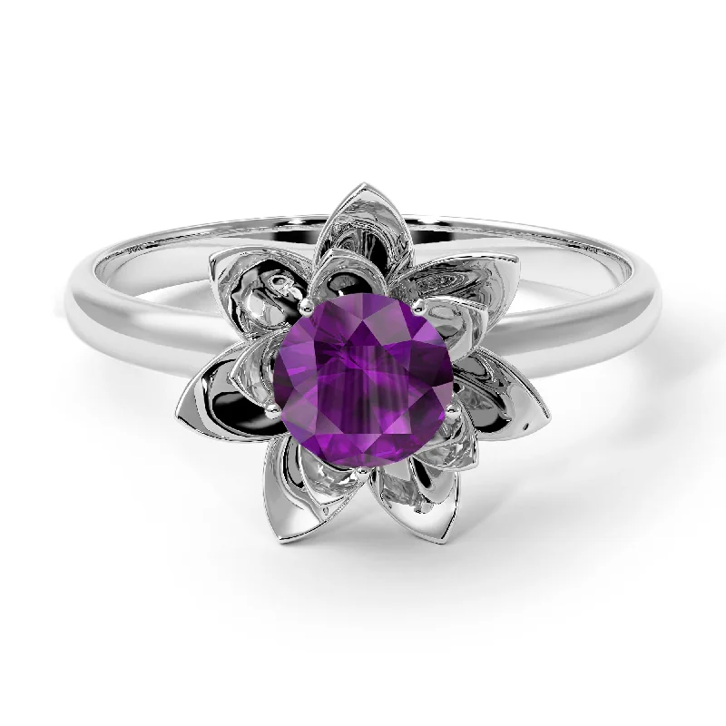 women's engagement rings with tapered band -Lotus Flower Solitaire Amethyst Ring- Lotus no. 303