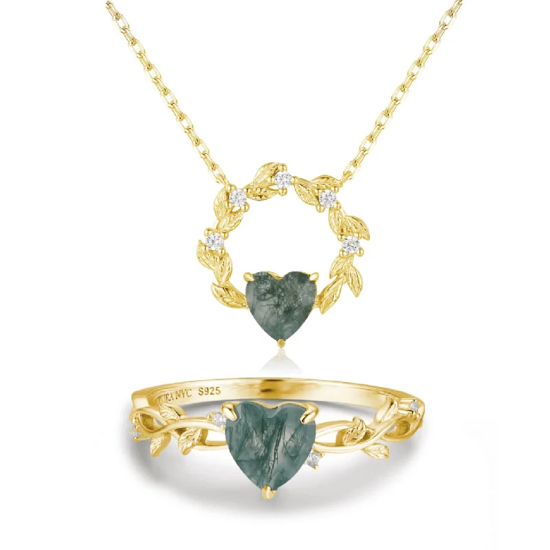 women's necklaces with boho design -Everlasting Heart© and Heart’s Desire Moss Agate© Ring and Necklace Set (Yellow Gold)