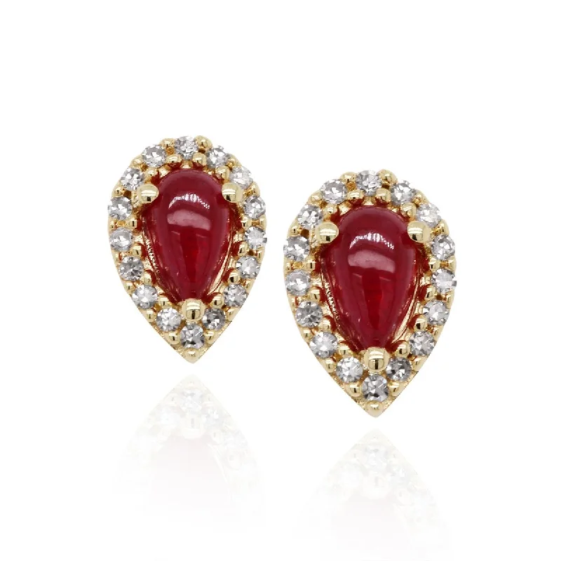 women's earrings with spiral design -YELLOW GOLD STUD EARRINGS WITH PEAR SHAPED RUBIES AND DIAMOND HALOS, .09 CT TW