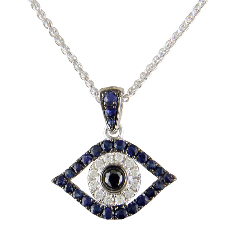 women's necklaces with emerald pendant -Evil Eye Mati Blue Sapphire, Diamond & Black Diamond Pendant Necklace 18K White Gold