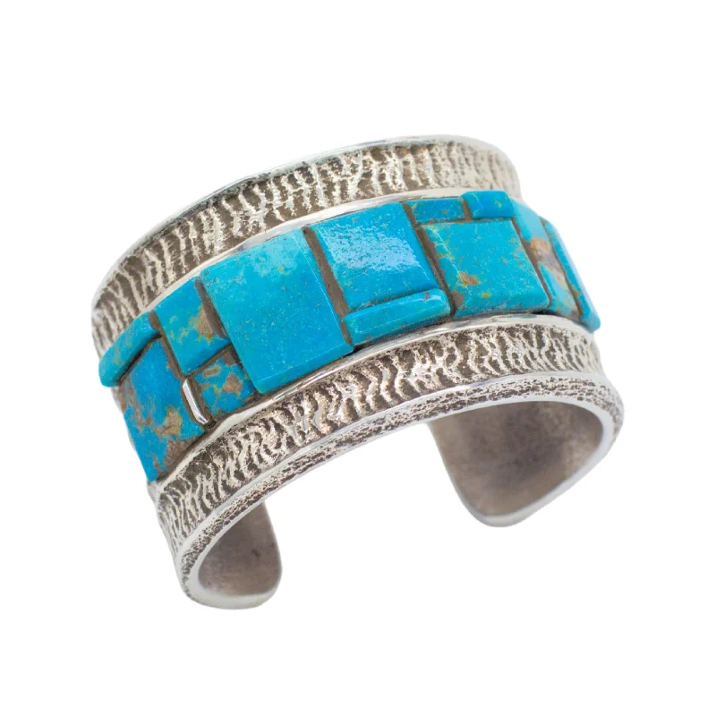 women's bracelets with bold design -Tufa Cast Handmade Navajo Sterling Turquoise Bracelet Hallmark Unknown