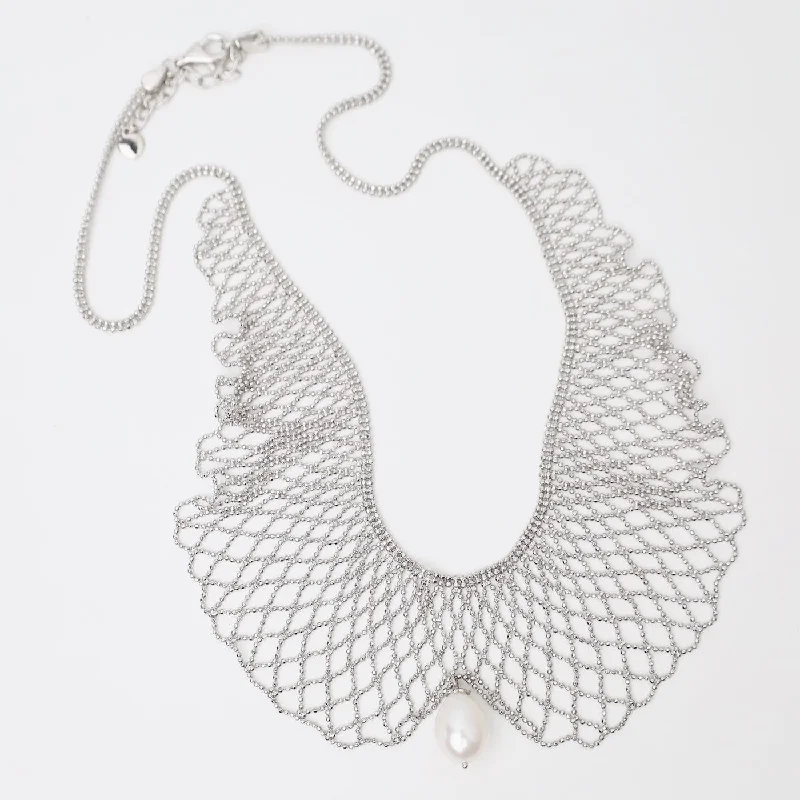 women's necklaces with geometric pendant -Sterling Draped Lace Collar Necklace with Center Pearl Drop