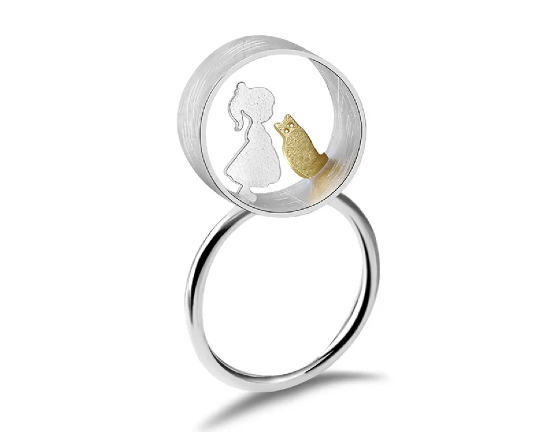 women's rings with diamond side stones -Boy and Girl Meets Cat Ring