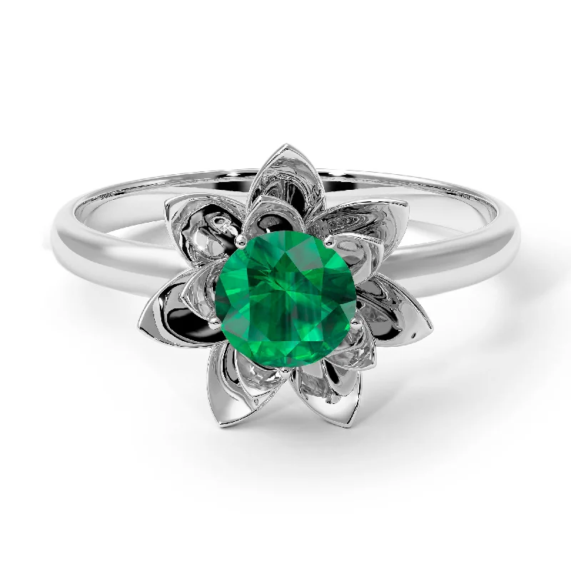 women's engagement rings diamond -Lotus Flower Solitaire Emerald ring - Lotus no. 6