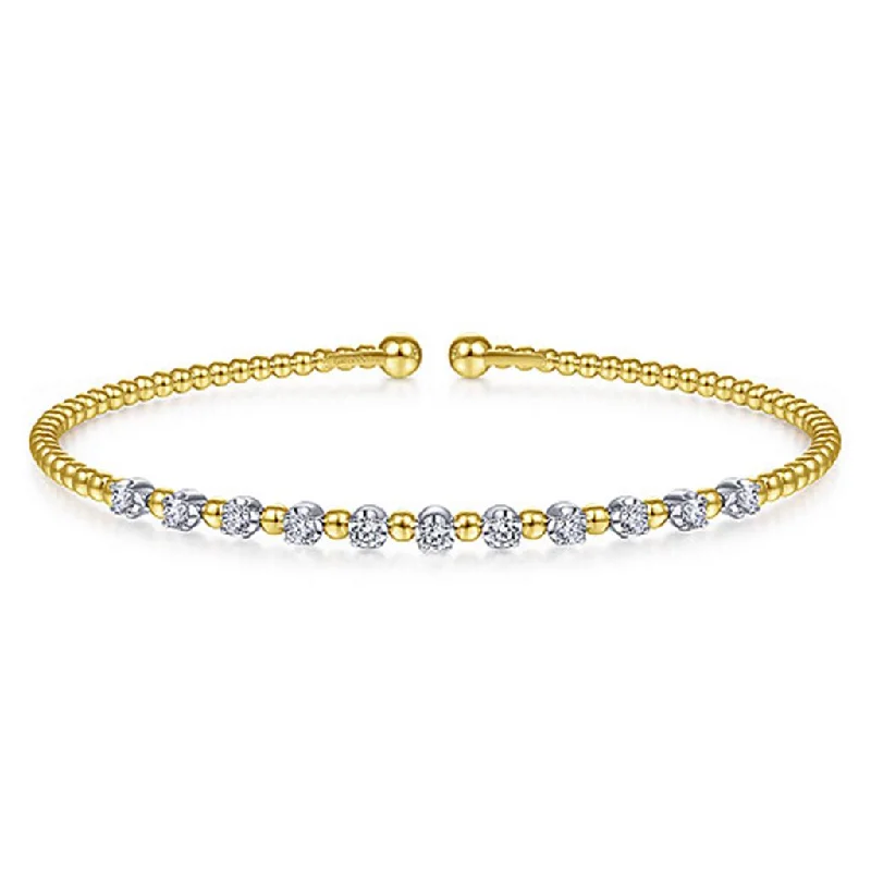 women's bracelets with classic bangle -Gabriel & Company 14K Yellow Gold Bujukan Bead Split Cuff Bracelet with Round White Gold Diamond Stations