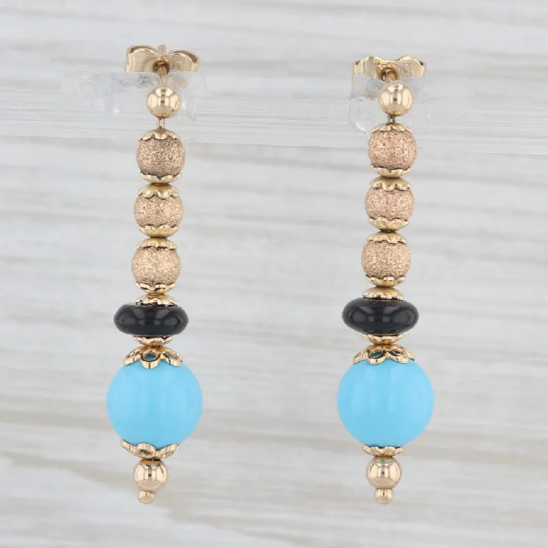 women's earrings with elegant drop -Faro Italy Simulated Turquoise Onyx Bead Strand Dangle Earrings 14k Yellow Gold