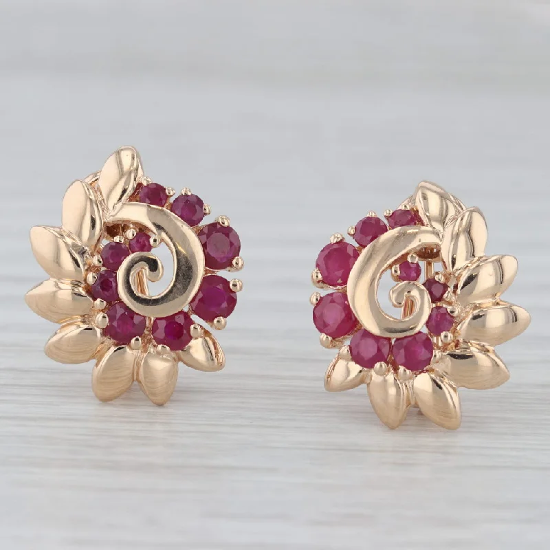 women's earrings with emerald drop -1.55ctw Ruby Flower Swirl Clip On Earrings 14k Yellow Gold Omega Backs