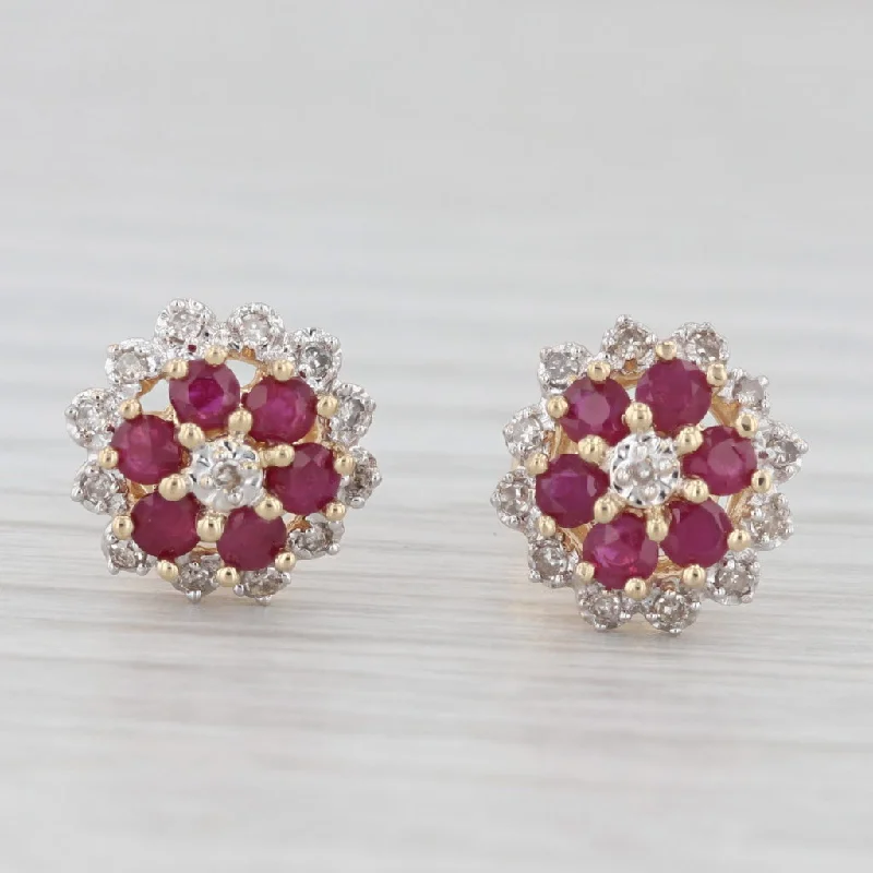 women's earrings with gemstone halos -0.84ctw Ruby Diamond Flower Cluster Stud Earrings 14k Yellow Gold