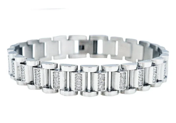 women's bracelets with diamond accents -Men's Stainless Steel Link Bracelet W/ Cz's