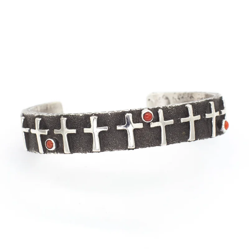 women's bracelets with luxury stones -Ernest Rangal Navajo Handmade Tufa Cast Sterling Silver Coral Cuff Bracelet