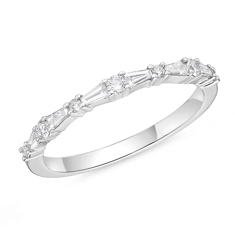 women's engagement rings gold -Memoire 18k White Gold Alternating Tapered Baguette and Round Diamond Stackable Ring