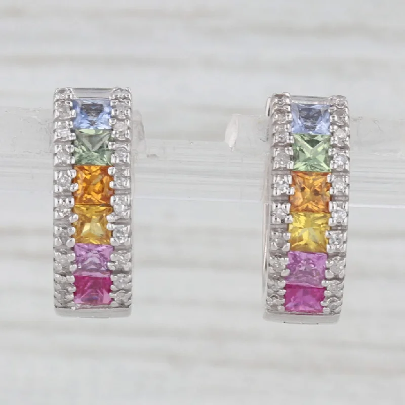 women's earrings with mixed metals -1.42ctw Diamond Multicolor Sapphire Hoop Huggie Earrings 14k White Gold Hoops