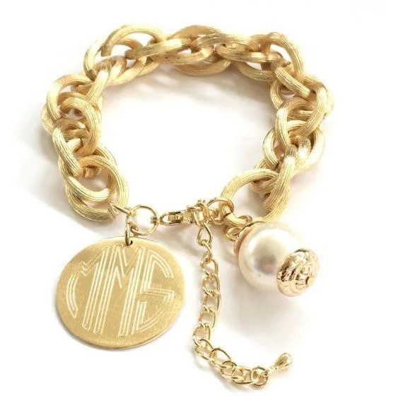 women's bracelets with charm design -Personalized Monogram Bracelet with Pearl in Gold or Silver