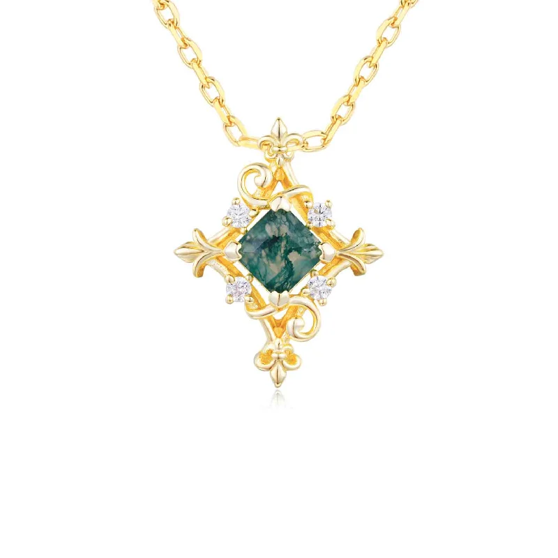 women's necklaces with pearl -Vine Diamond Moss Agate Necklace (Yellow Gold)