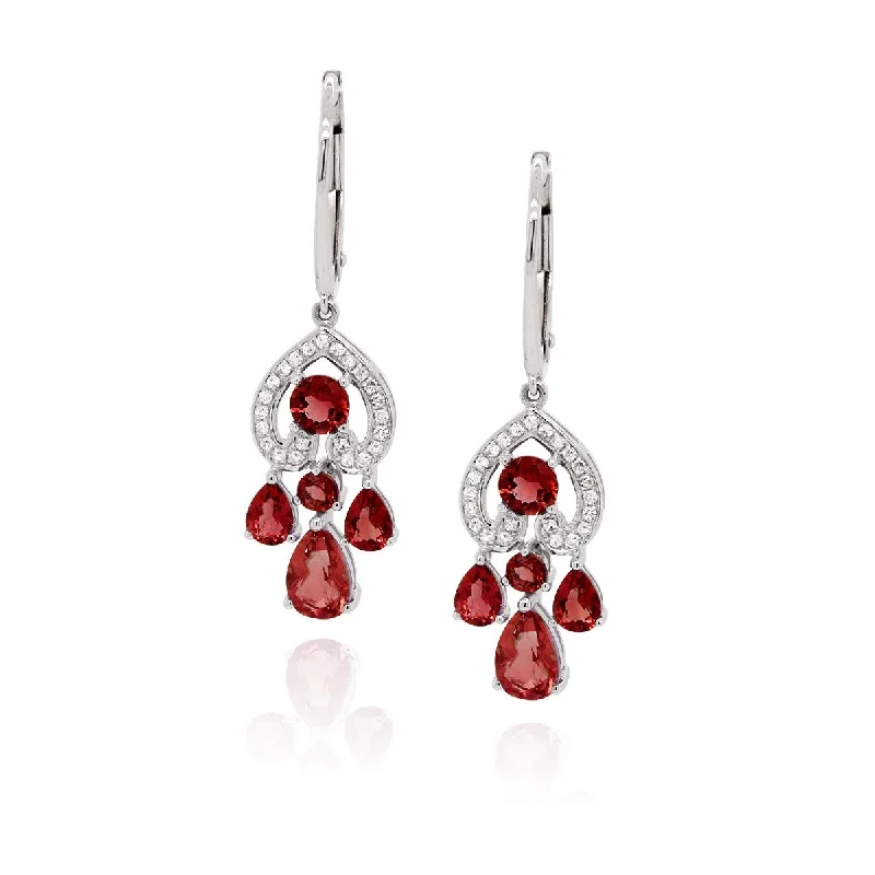 women's earrings with detailed engraving -WHITE GOLD FASHION DANGLE EARRINGS WITH GARNET AND DIAMONDS, .12 CT TW