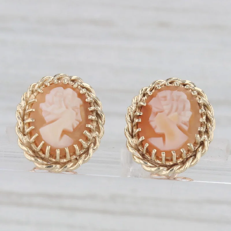 women's earrings with emerald -Vintage Carved Shell Cameo Stud Earrings 14k Yellow Gold