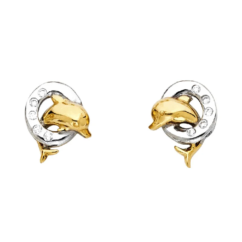 women's earrings with drop chains -14K 2T Dolphin Post Earrings