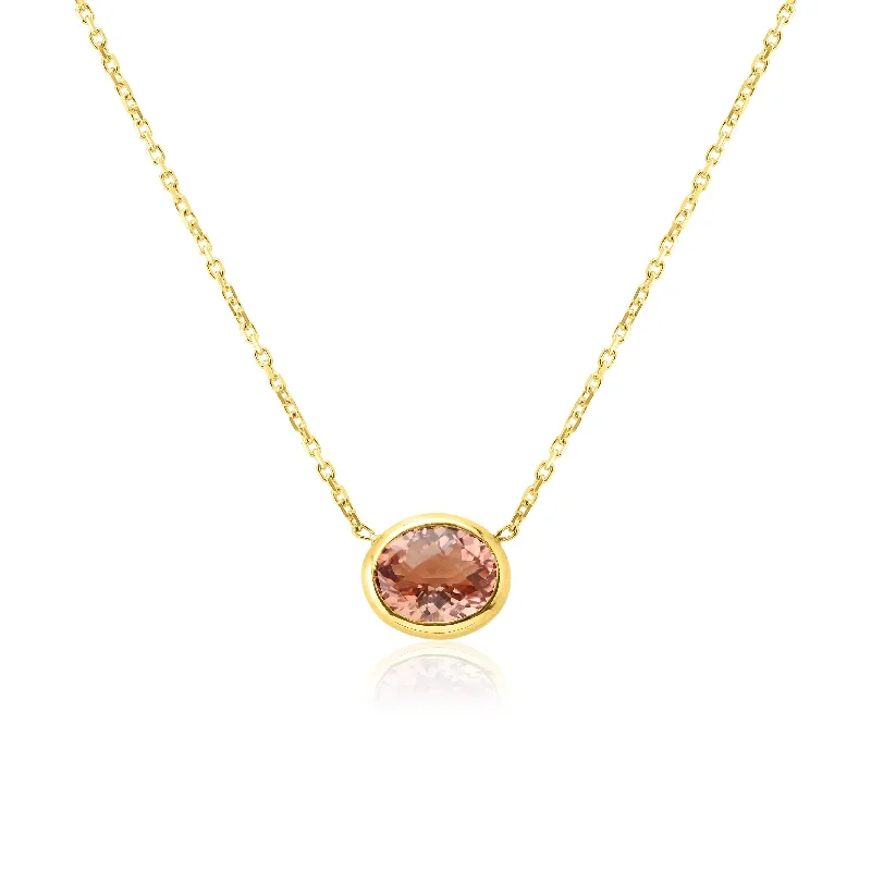 women's necklaces silver -14k Yellow Gold Oval Checkerboard Cut Pink Tourmaline Necklace