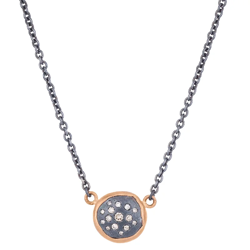 women's necklaces with sparkling halo -Lika Behar "Peach Glow" Cognac Diamond Necklace Pendant Oxidized Silver & 22K Rose Gold