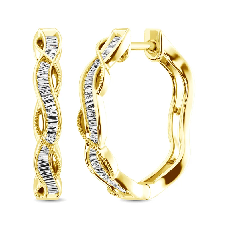 women's earrings gold -10K Yellow Gold Baguette Diamond 1/5 Ct.Tw. Hoop Earrings