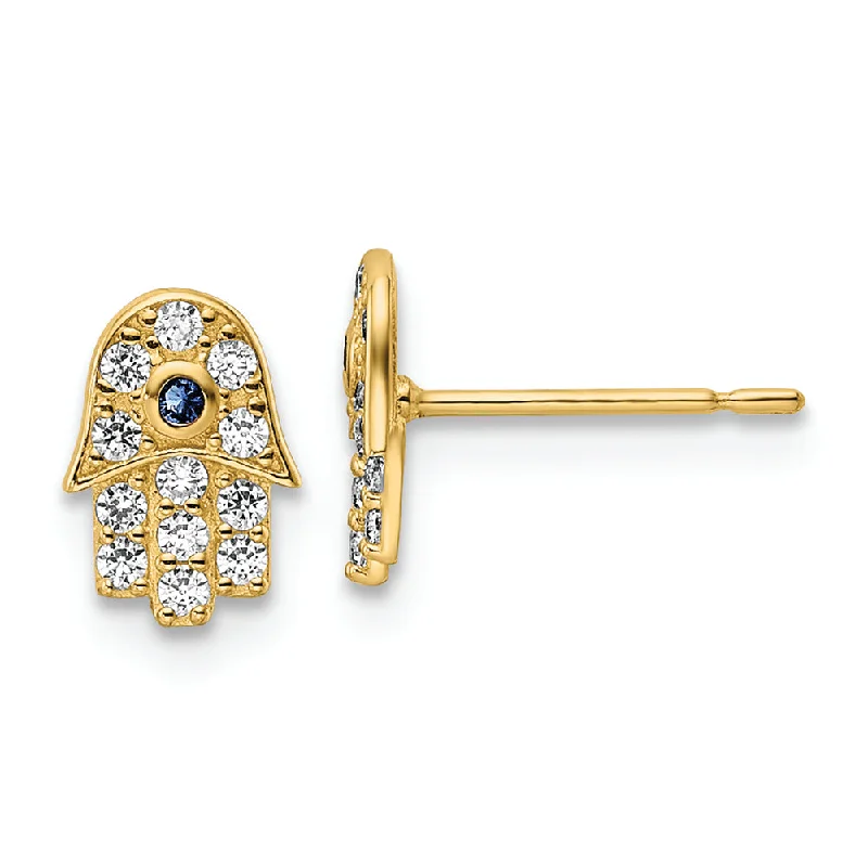 women's earrings with stud design -14k CZ & Blue Glass Stone Hamsa Post Earrings