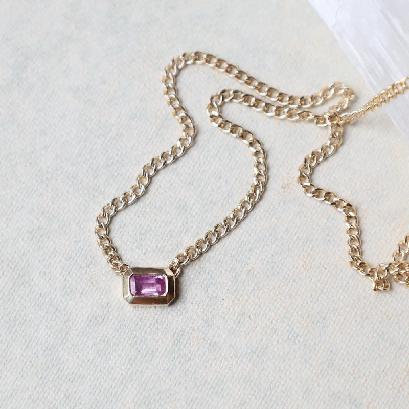 women's necklaces with adjustable length -14k Emerald Cut Pink Sapphire Bezel Curb Chain Necklace