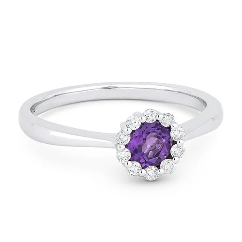 women's engagement rings with unique shape -14K White Gold Round Amethyst & Diamond Halo Ring