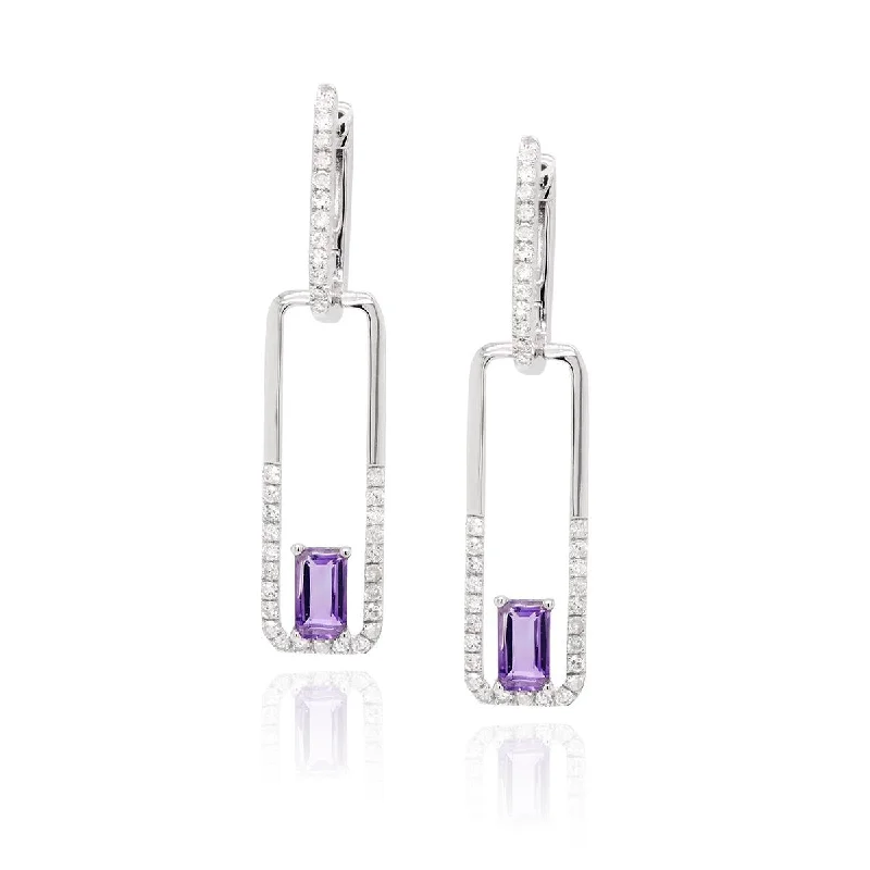 women's earrings with luxurious finish -MODERN WHITE GOLD DANGLE EARRINGS WITH EMERALD CUT AMETHYSTS AND ROUND DIAMONDS, .36 CT TW