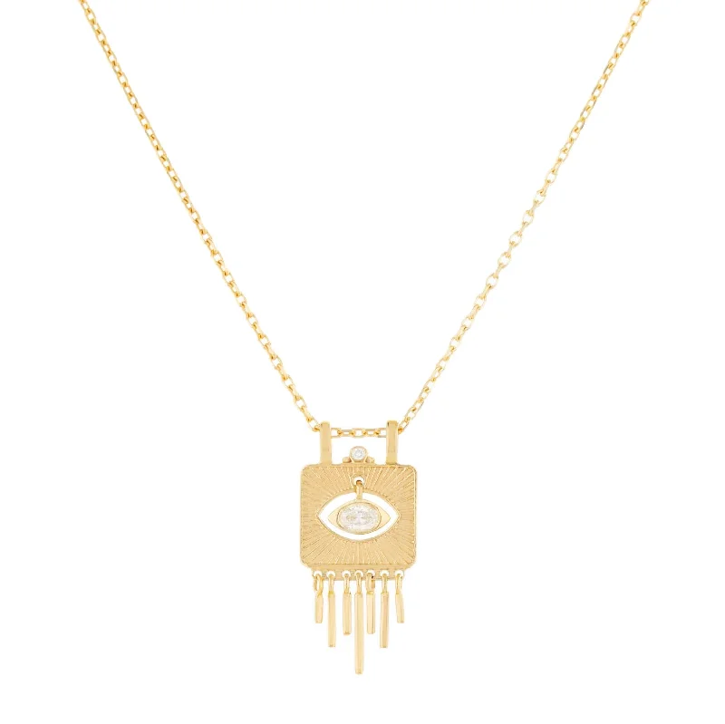 women's necklaces with natural stones -Small Solid Gold Plate with Sunbeams & Dangling Eye Diamond Necklace