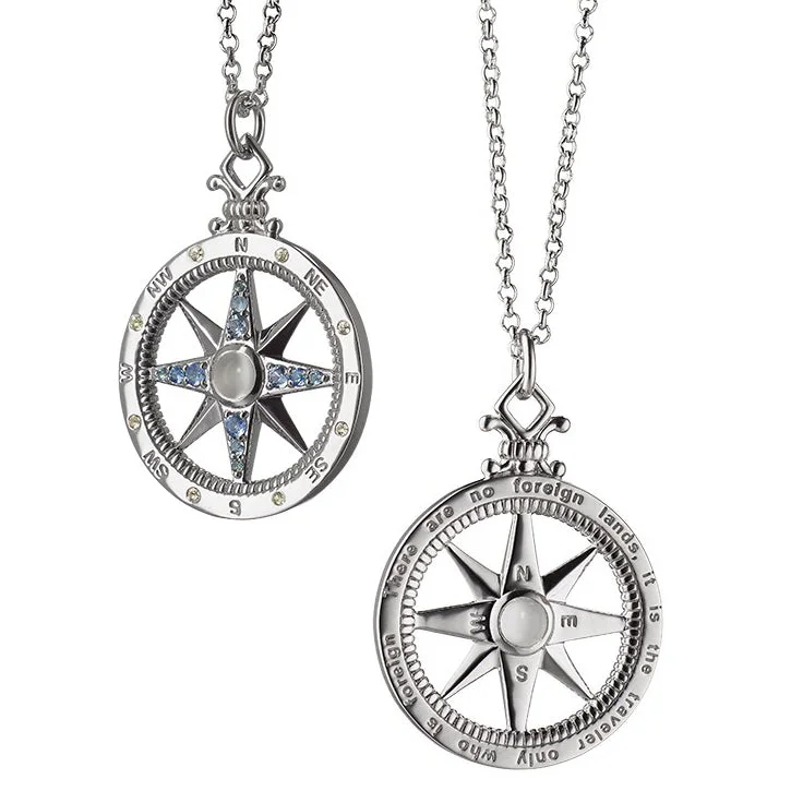 women's necklaces with diamond bezel -Monica Rich Kosann Global Compass Travel Charm Necklace Pendant in Silver with Sapphires