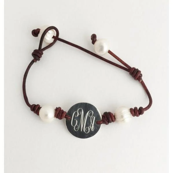 women's bracelets with bangle design -Pearl and Leather Monogram Bracelet in Sterling Silver