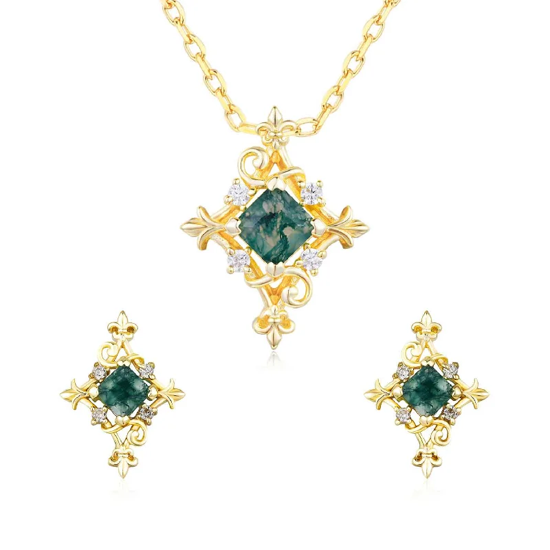 women's necklaces with unique pendant -Vine Diamond Moss Agate Necklace and Earrings Set (Yellow Gold)