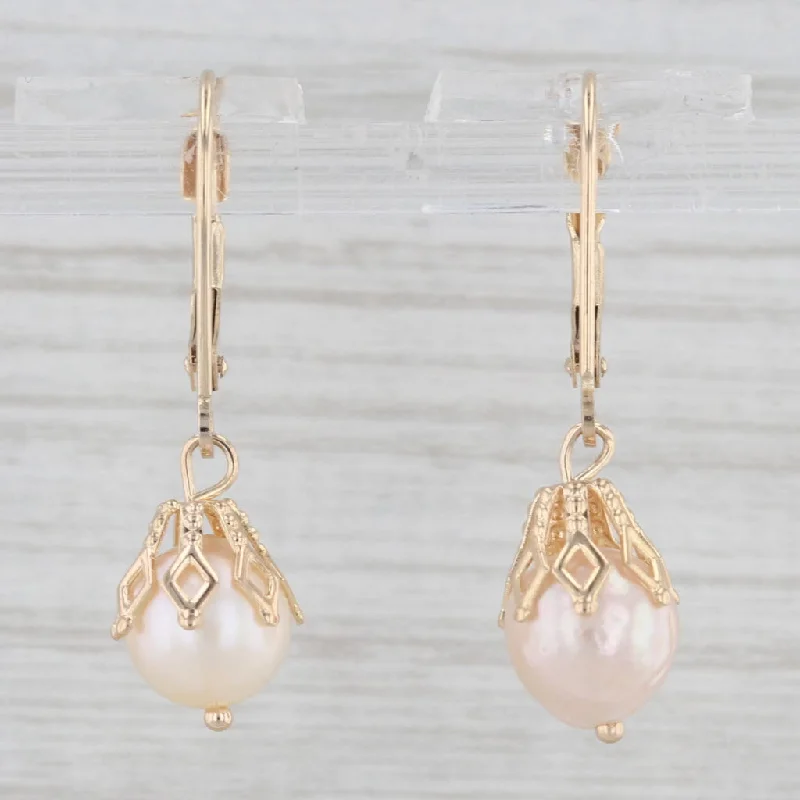 women's earrings with antique-style design -Vintage Cultured Pearl Dangle Earrings 14k Yellow Gold Lever Back