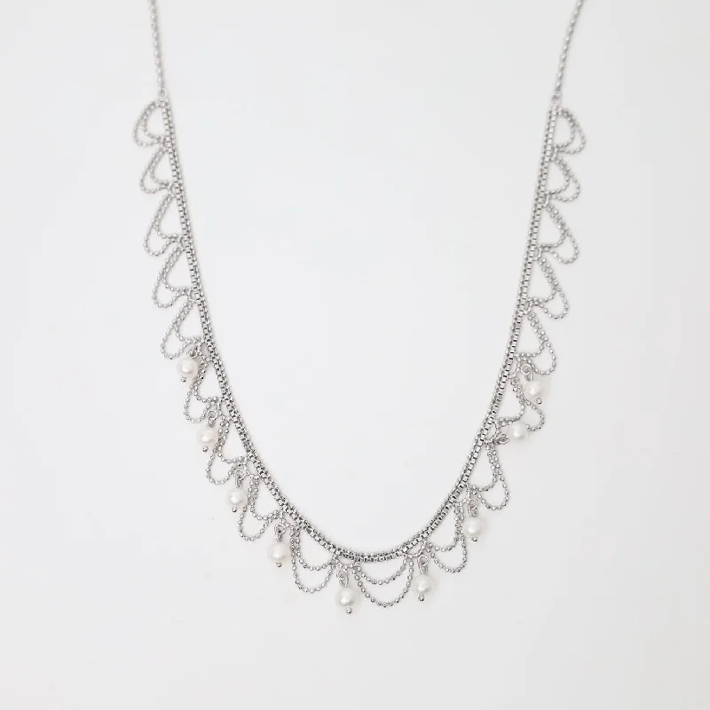 women's necklaces with moon-shaped pendant -Delicate Draped Lace with Nine Dancing Pearls Necklace