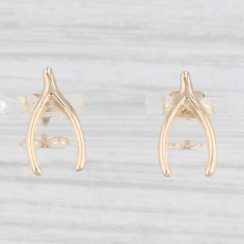 women's earrings with vintage hoop -Small Wishbone Stud Earrings 14k Yellow Gold Good Luck