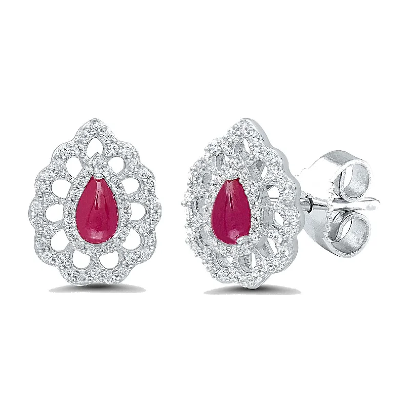 women's earrings with halo design -WHITE GOLD STUD EARRINGS WITH PEAR SHAPED CABOCHON CUT RUBIES AND SIDE DIAMONDS, .32 CT TW