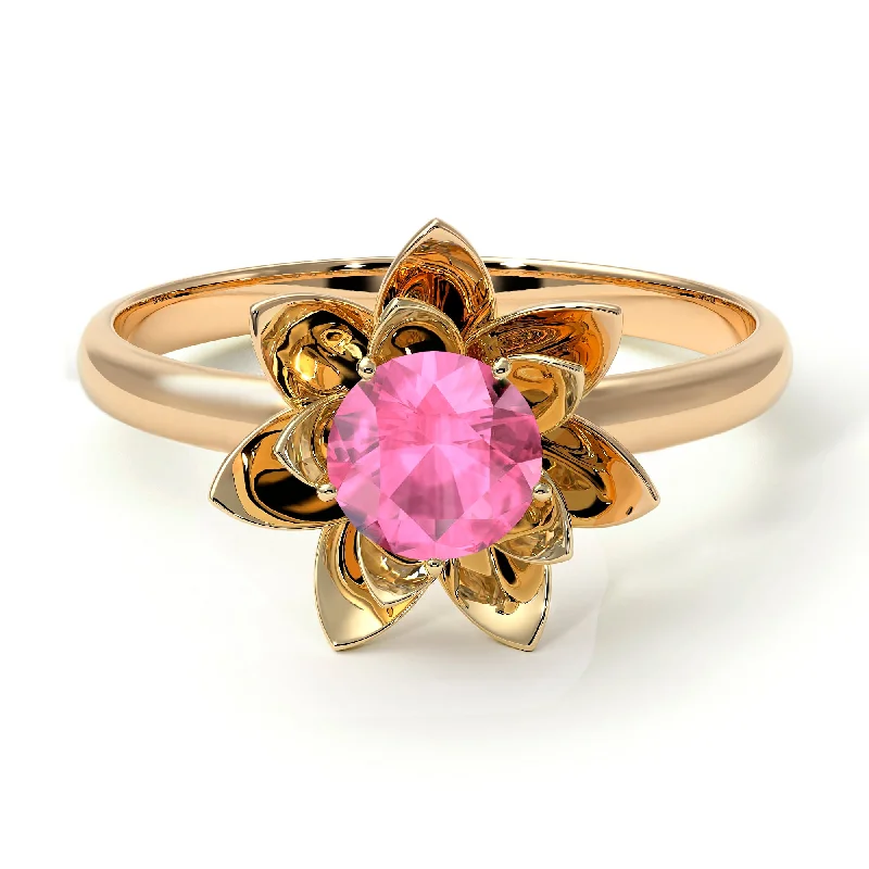 women's engagement rings with sparkling band -Lotus Flower Solitaire Pink Moissanite Ring - Lotus no. 801