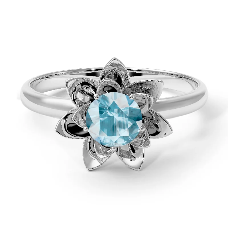 women's engagement rings with polished finish -Lotus Flower Solitaire Aquamarine Ring - Lotus no. 403