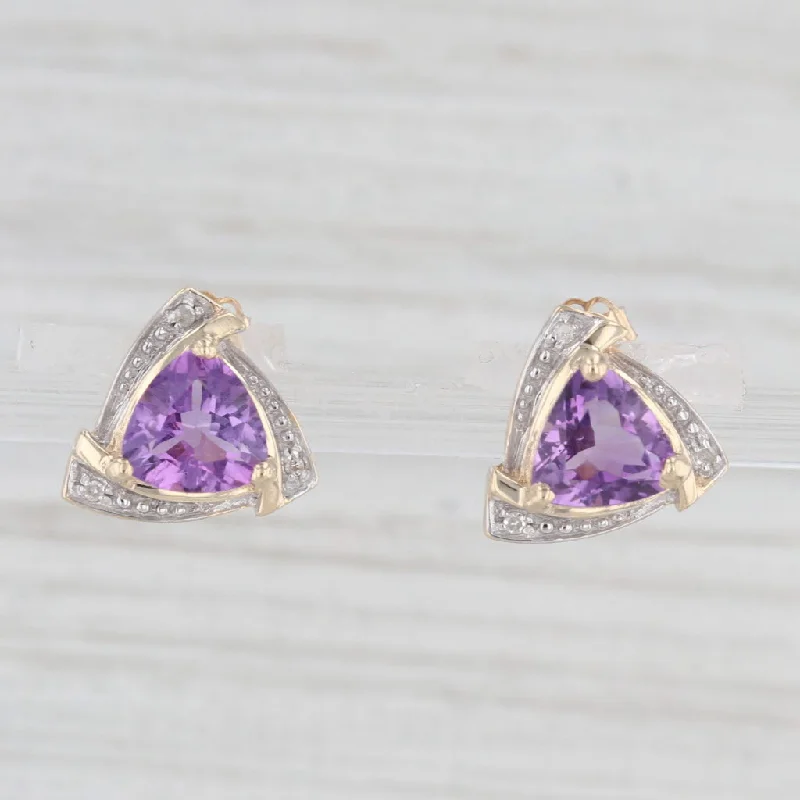 women's earrings with simple stud -2ctw Trillion Amethyst Diamond Halo Earrings 10k Yellow Gold