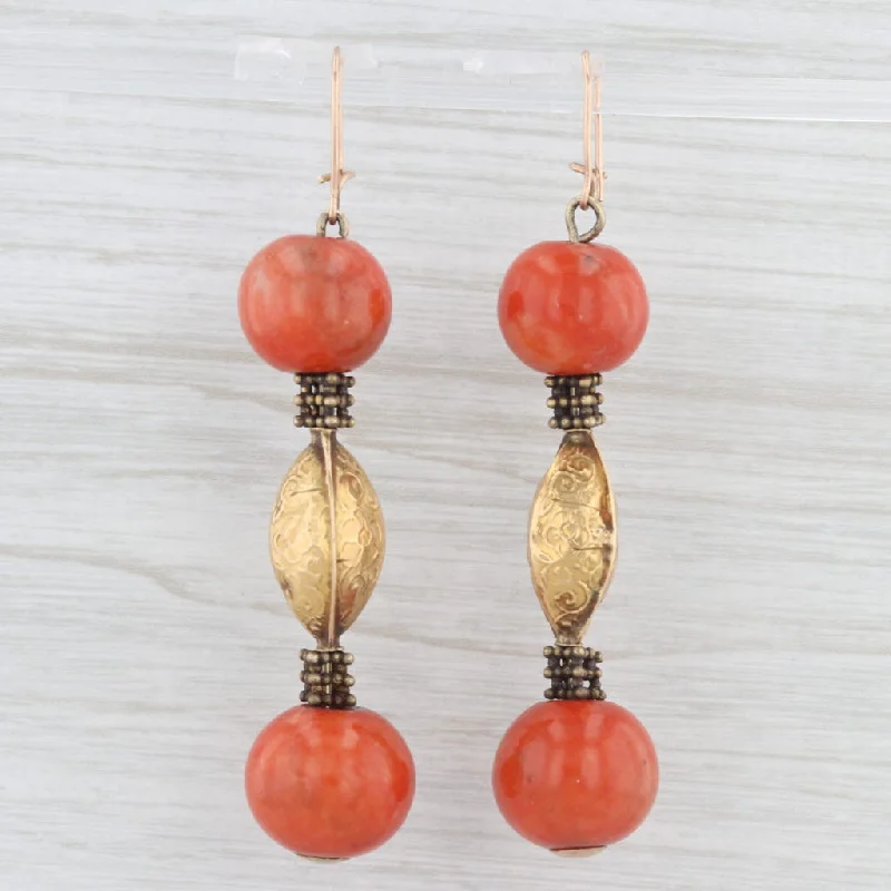 women's earrings with heart-shaped design -Antique Coral Bead Dangle Earrings 18k Gold Ornate Floral Drops Hook Posts