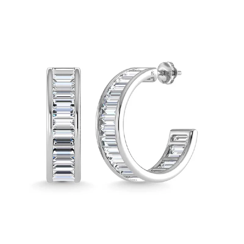 women's earrings with geometric shapes -14K White Gold Lab Grown Diamond 6 Ct.Tw. Slim Baguette Hoop Earrings