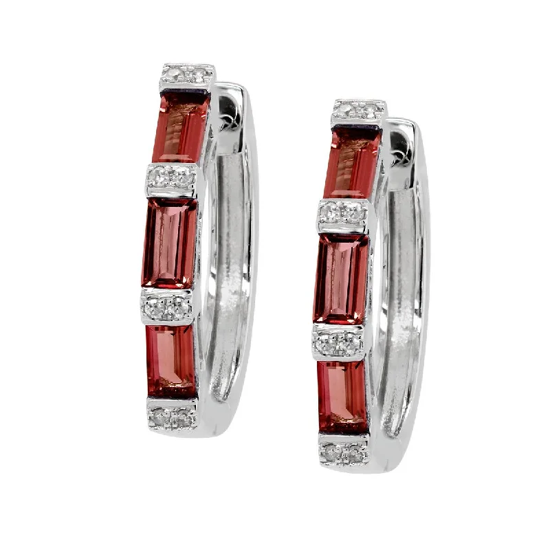 women's earrings with long dangling design -WHITE GOLD HOOP EARRINGS WITH GARNET AND DIAMONDS, .05 CT TW