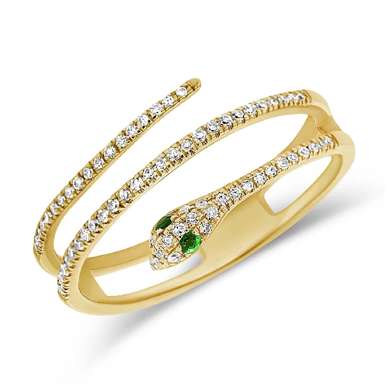 women's engagement rings with open setting -Striking Double Coil Snake Ring with Diamonds and Green Tsavorite in 14K Gold