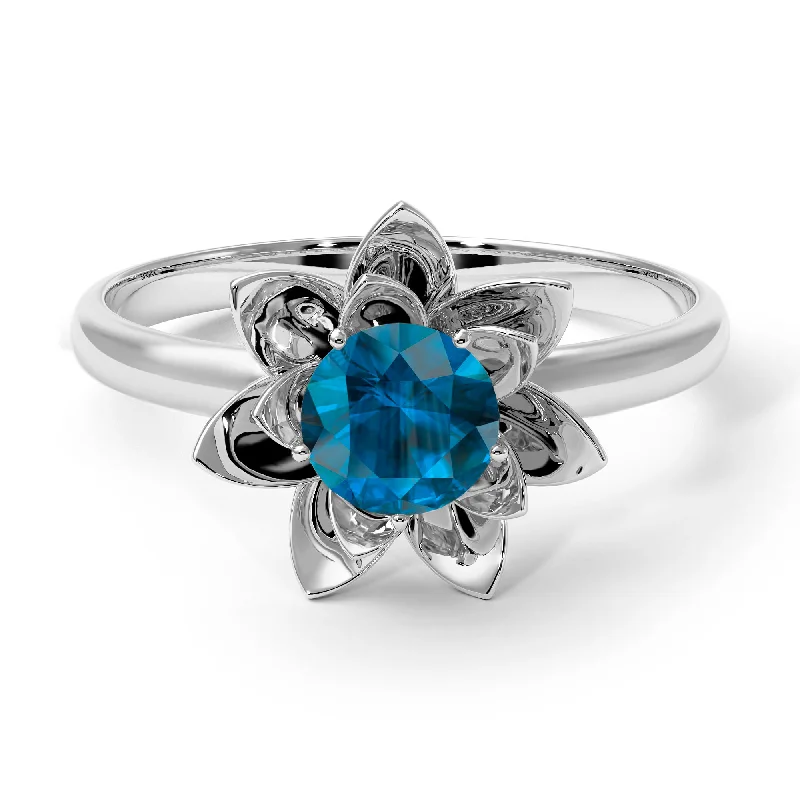 women's engagement rings with dual stone setting -Lotus Flower Solitaire Blue Topaz Ring - Lotus no. 503