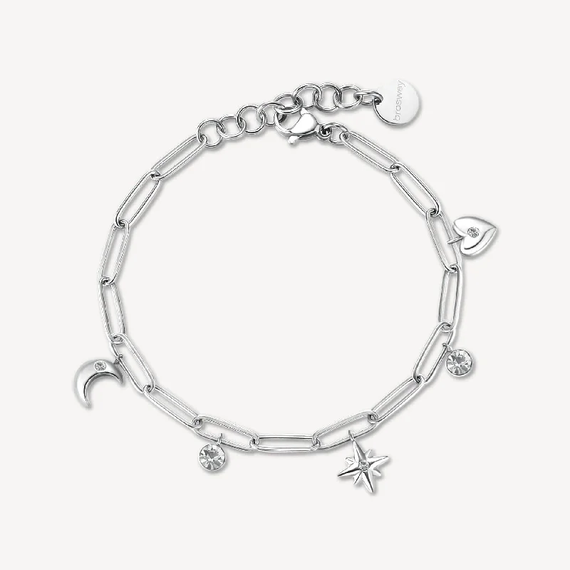 women's bracelets with vintage style -Stainless Steel  Link Chain Bracelet with Moon, Star, & Heart Charms