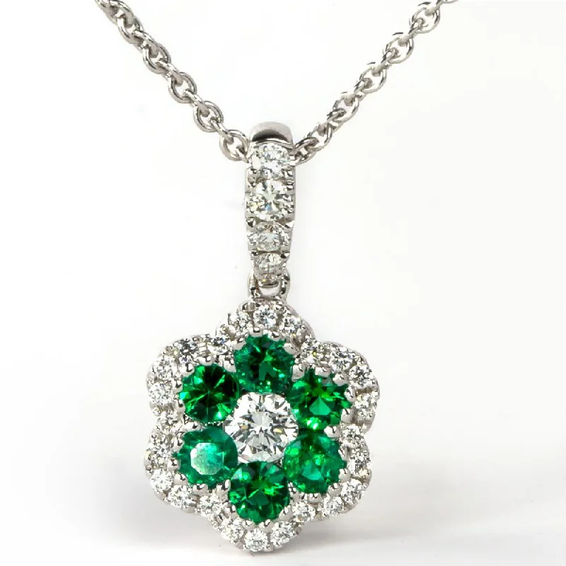 women's necklaces with matching set -Emerald & Diamond Halo Flower Pendant Necklace 18K White Gold