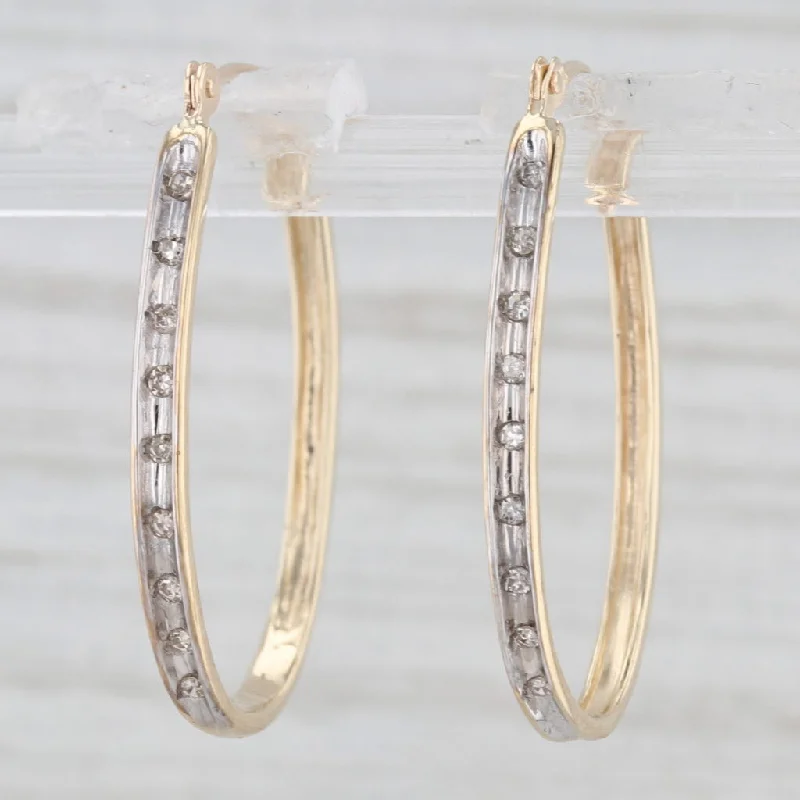 women's earrings with square-cut stones -Diamond Oval Hoop Earrings 10k Yellow Gold Snap Top Hoops